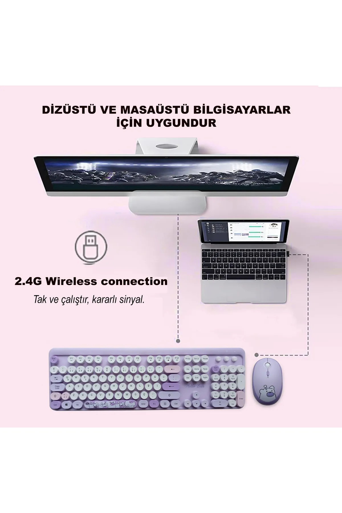 Mofii Hellobear Yuvarlak Tuşlu Ayıcık Desenli Kablosuz Mor Klavye Mouse Set